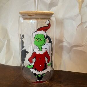 Grinch Glass Cup with Bamboo Lid